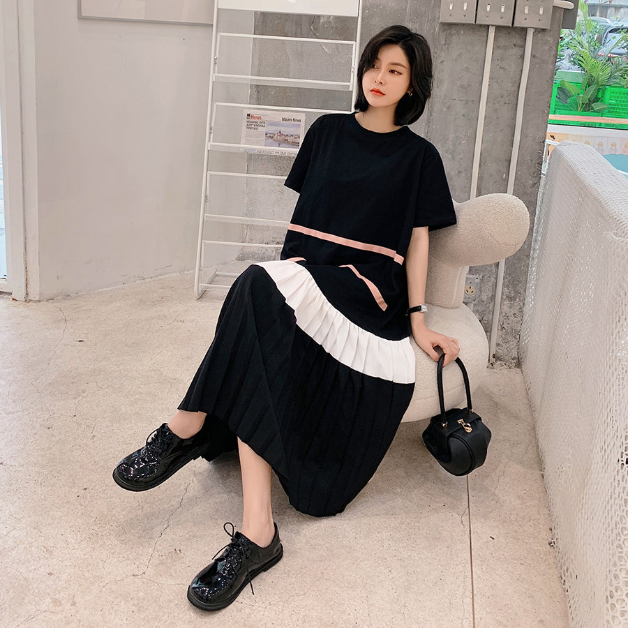 Plus Size Korean Pleat Stripes Midi Dress