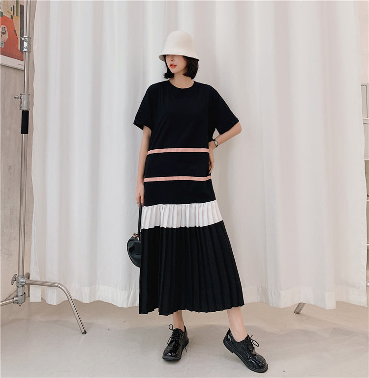 Plus Size Korean Pleat Stripes Midi Dress