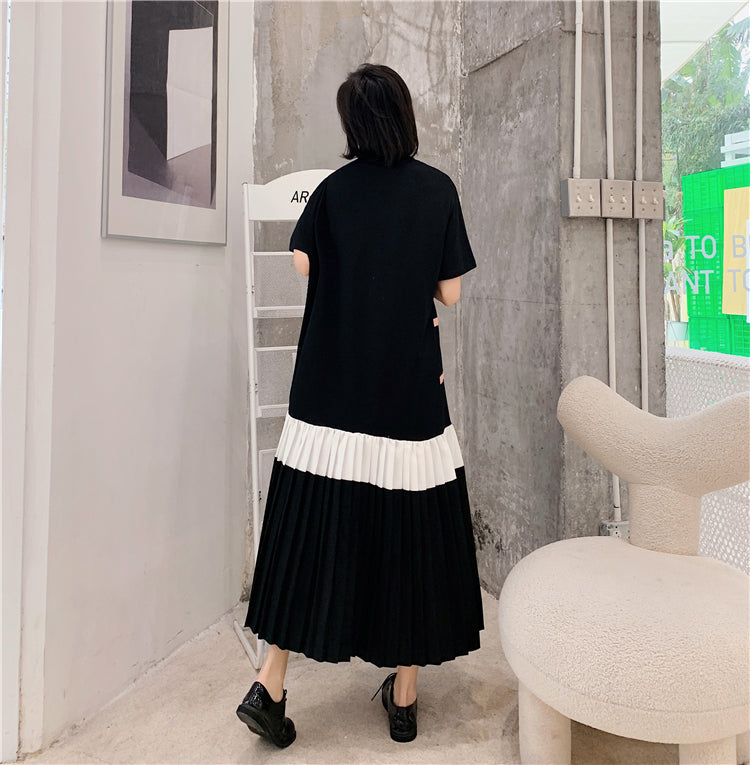 Plus Size Korean Pleat Stripes Midi Dress