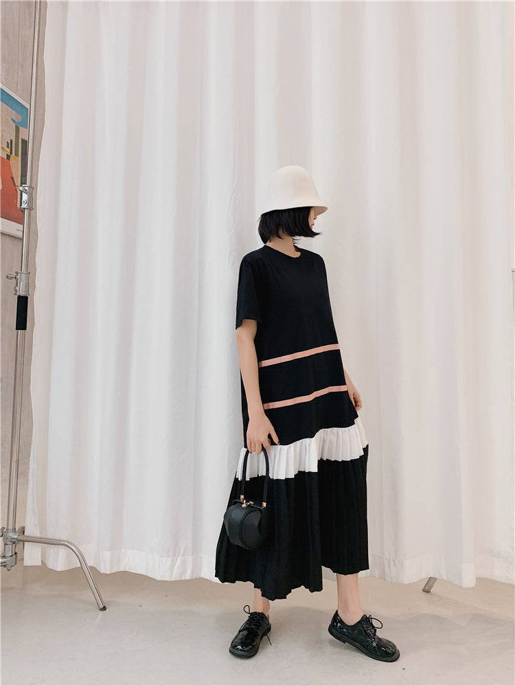 Plus Size Korean Pleat Stripes Midi Dress