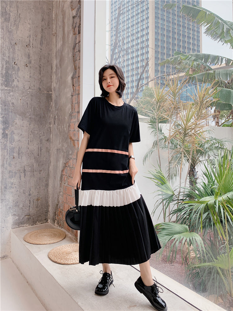 Plus Size Korean Pleat Stripes Midi Dress