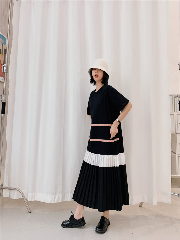 Plus Size Korean Pleat Stripes Midi Dress