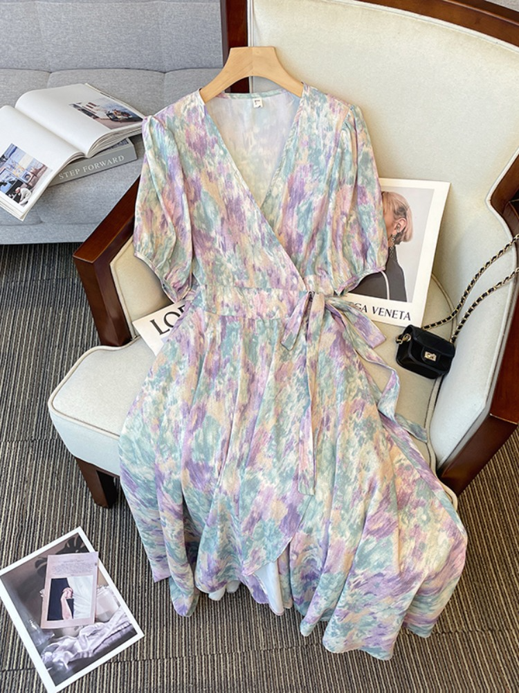 Plus Size Korean Watercolour Pastel Wrap V Neck Midi Dress