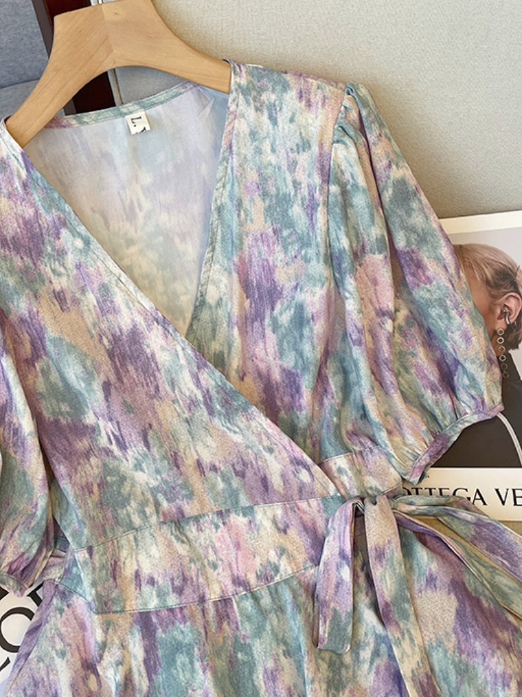 Plus Size Korean Watercolour Pastel Wrap V Neck Midi Dress