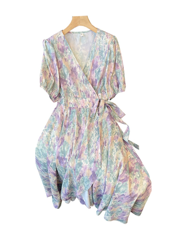 Plus Size Korean Watercolour Pastel Wrap V Neck Midi Dress