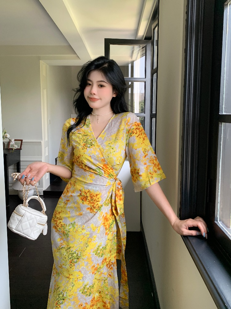 Plus Size Korean Yellow Floral Wrap Midi Dress