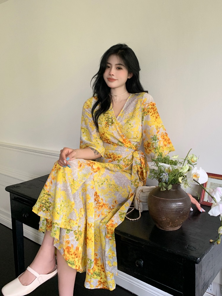 Plus Size Korean Yellow Floral Wrap Midi Dress