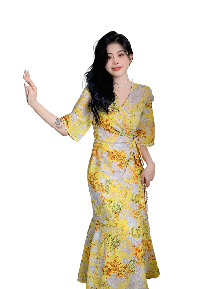 Plus Size Korean Yellow Floral Wrap Midi Dress