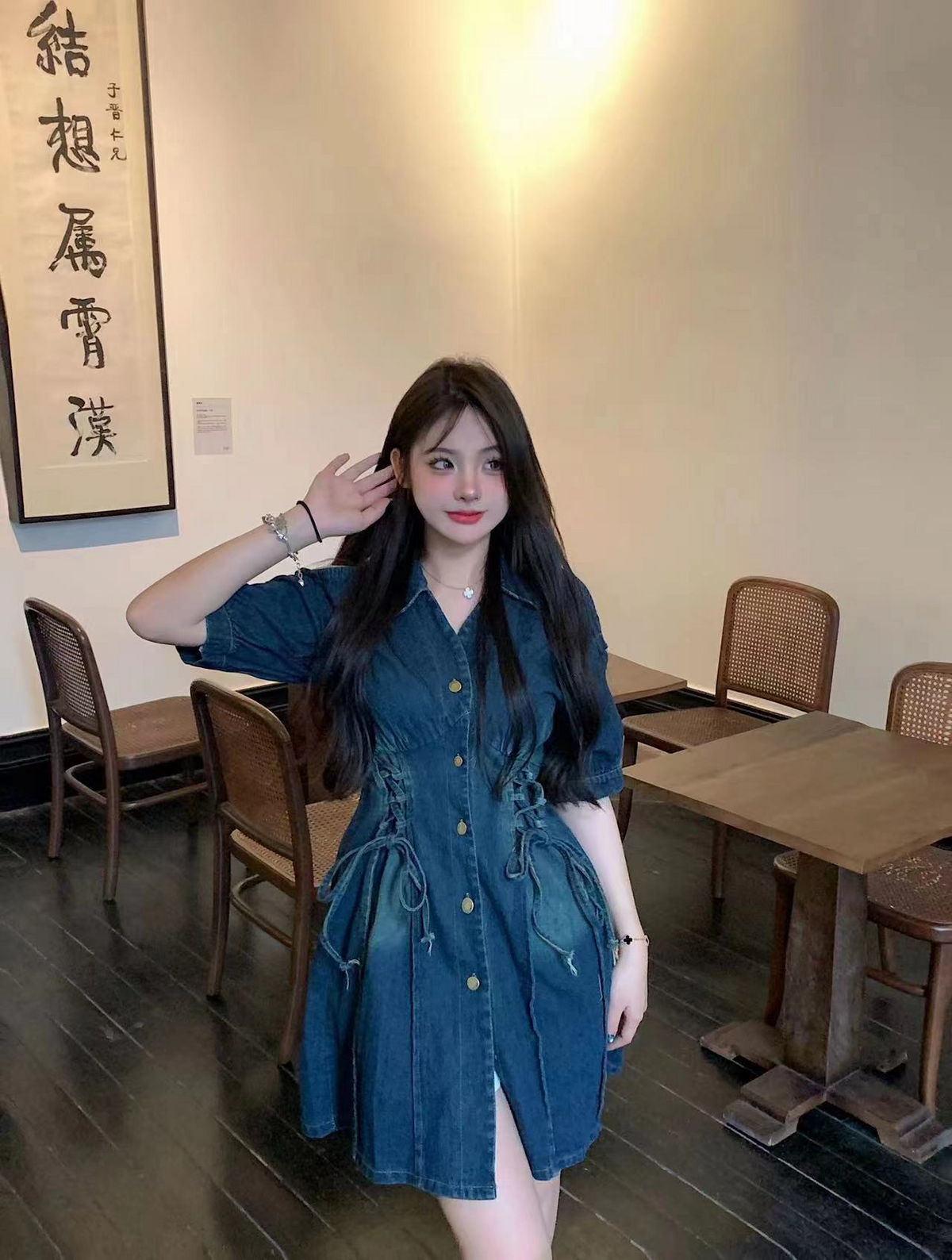 Plus Size Lace Up A Line Denim Dress