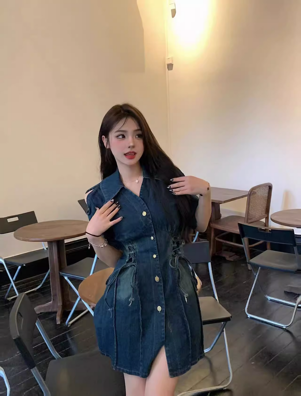 Plus Size Lace Up A Line Denim Dress