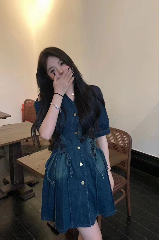 Plus Size Lace Up A Line Denim Dress
