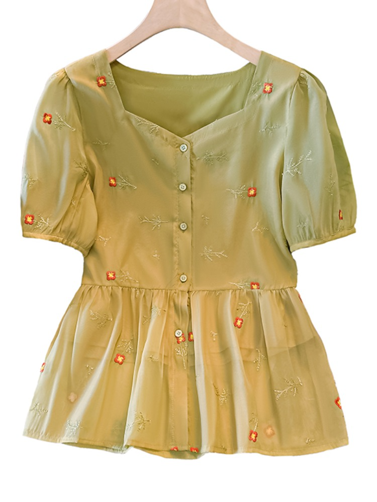 Plus Size Little Embroidery Square Neck Peplum Blouse