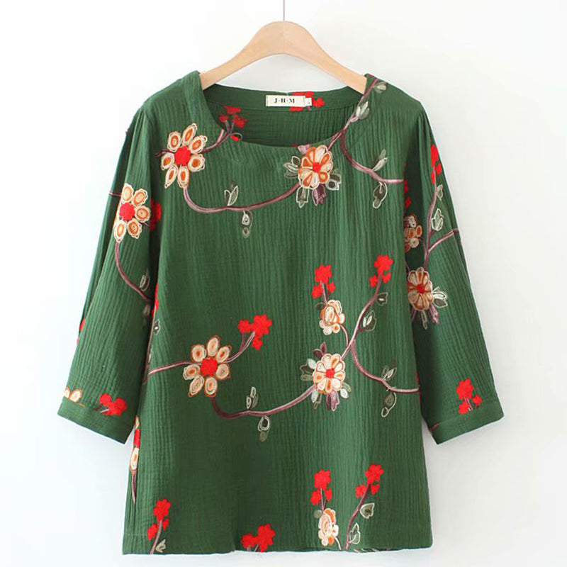 (Ready Stock Red XL - 1 Pc) Plus Size Oriental Embroidery Mid Sleeve Blouse