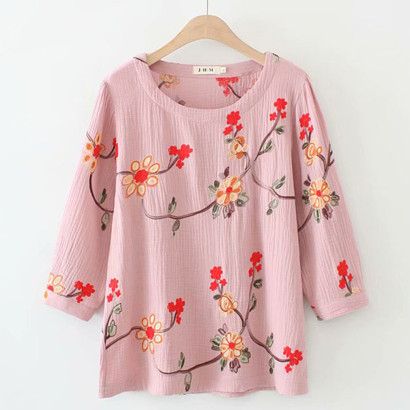 (Ready Stock Red XL - 1 Pc) Plus Size Oriental Embroidery Mid Sleeve Blouse