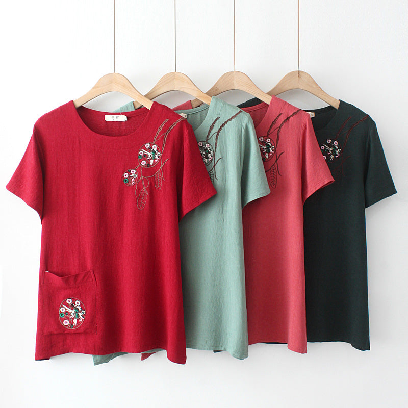 (Ready Stock Pink 5XL - 1 Pc) Plus Size Oriental Embroidery Pocket Blouse