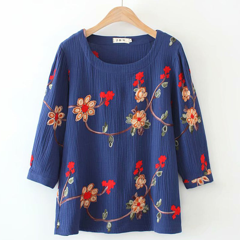 (Ready Stock Red XL - 1 Pc) Plus Size Oriental Embroidery Mid Sleeve Blouse