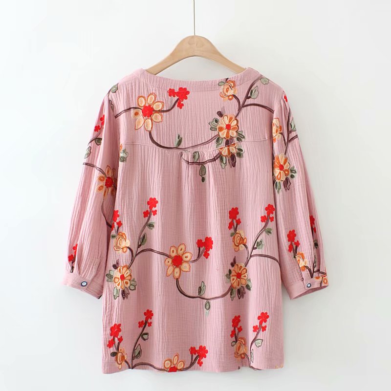 (Ready Stock Red XL - 1 Pc) Plus Size Oriental Embroidery Mid Sleeve Blouse