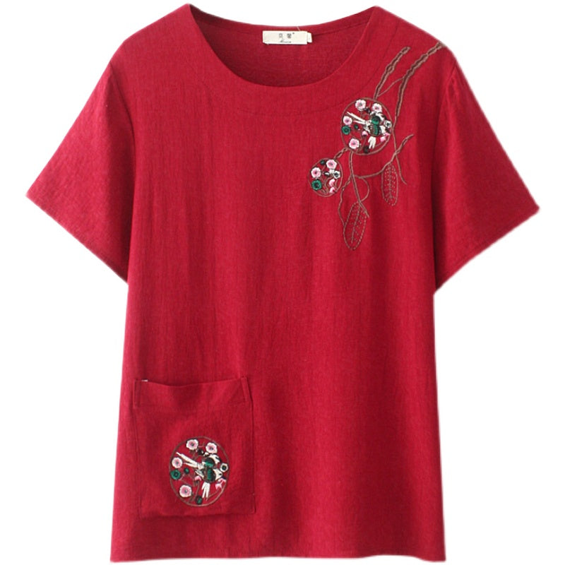 (Ready Stock Pink 5XL - 1 Pc) Plus Size Oriental Embroidery Pocket Blouse