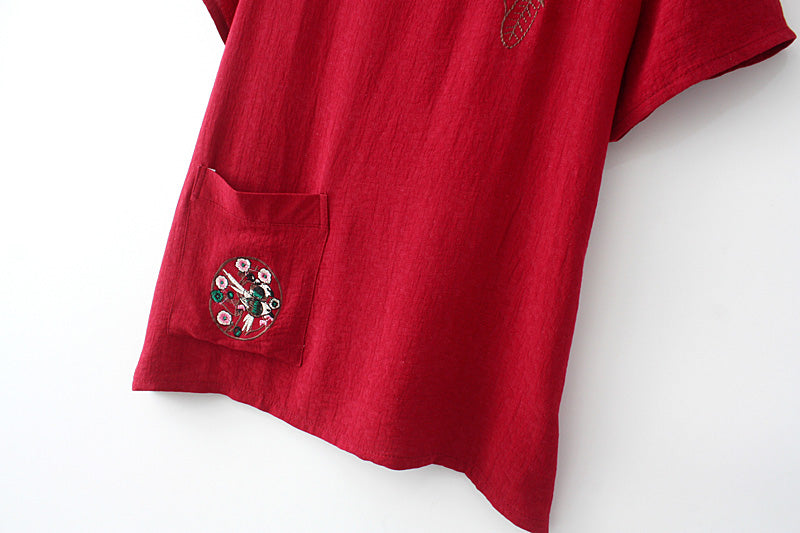 (Ready Stock Pink 5XL - 1 Pc) Plus Size Oriental Embroidery Pocket Blouse