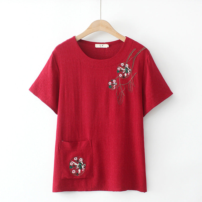 (Ready Stock Pink 5XL - 1 Pc) Plus Size Oriental Embroidery Pocket Blouse
