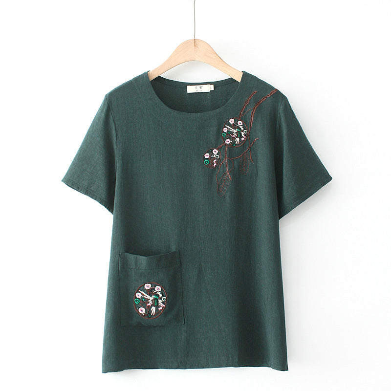 (Ready Stock Pink 5XL - 1 Pc) Plus Size Oriental Embroidery Pocket Blouse