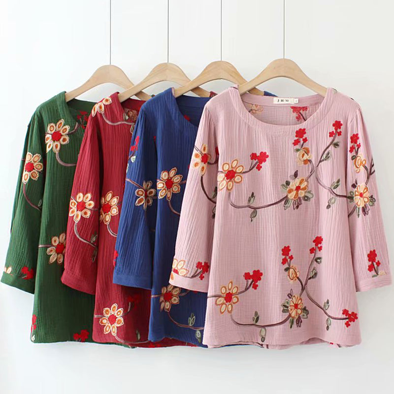 (Ready Stock Red XL - 1 Pc) Plus Size Oriental Embroidery Mid Sleeve Blouse