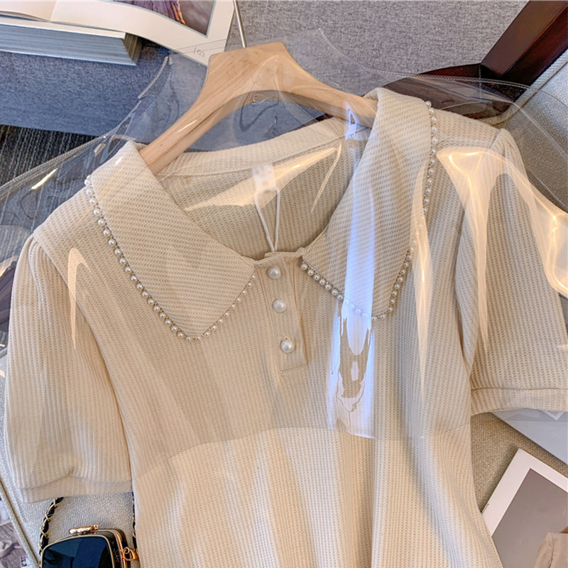 Plus Size Korean Pearl Polo T Shirt Blouse