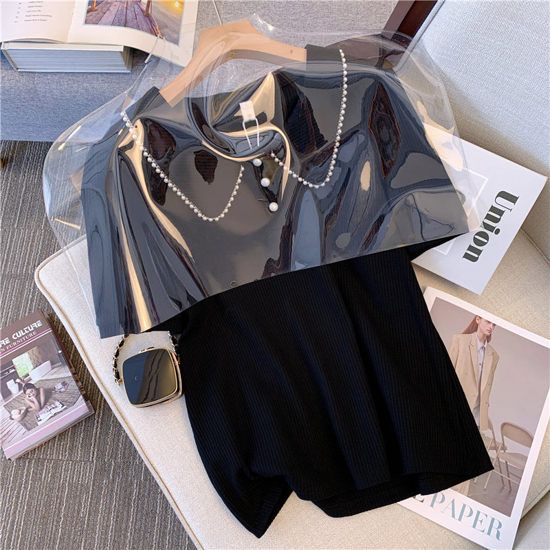 Plus Size Korean Pearl Polo T Shirt Blouse