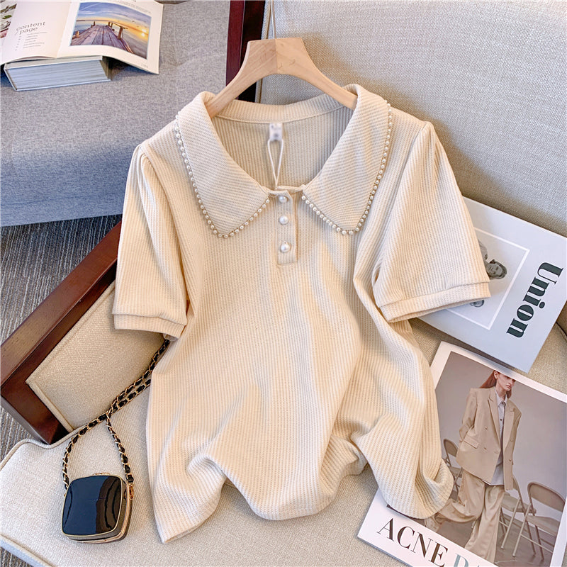 Plus Size Korean Pearl Polo T Shirt Blouse