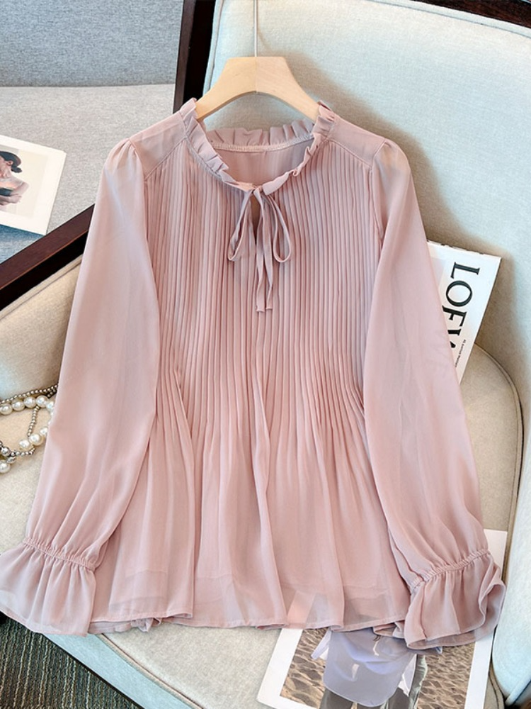 Plus Size Pleat Chiffon Ribbon Boho Long Sleeve Blouse