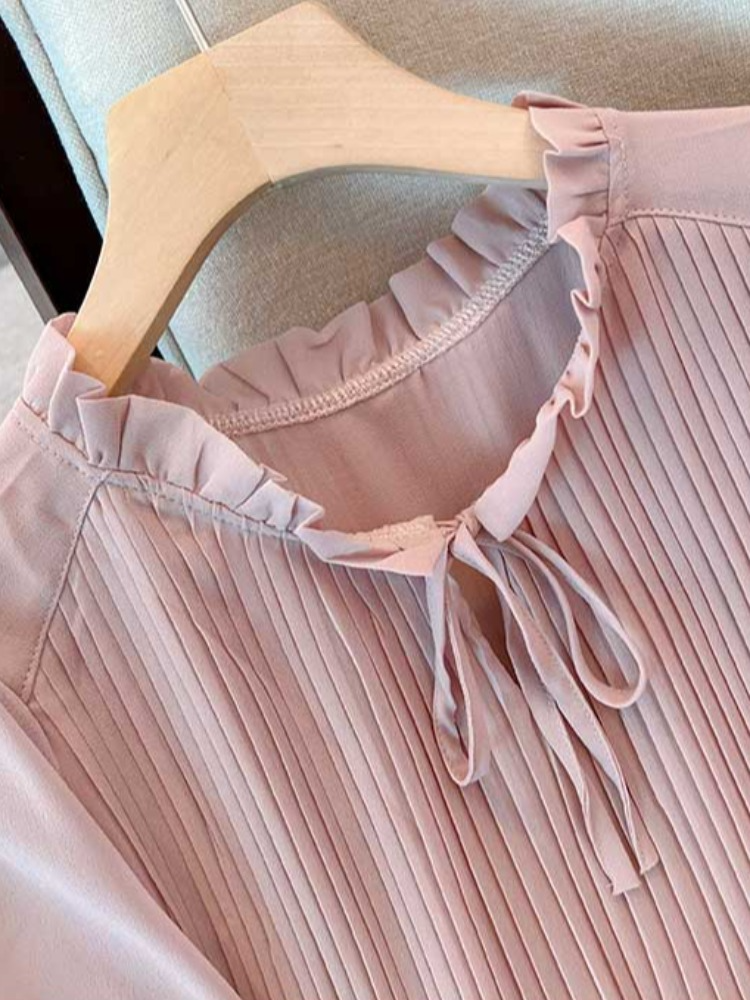 Plus Size Pleat Chiffon Ribbon Boho Long Sleeve Blouse