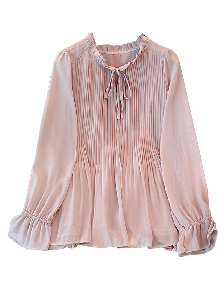 Plus Size Pleat Chiffon Ribbon Boho Long Sleeve Blouse