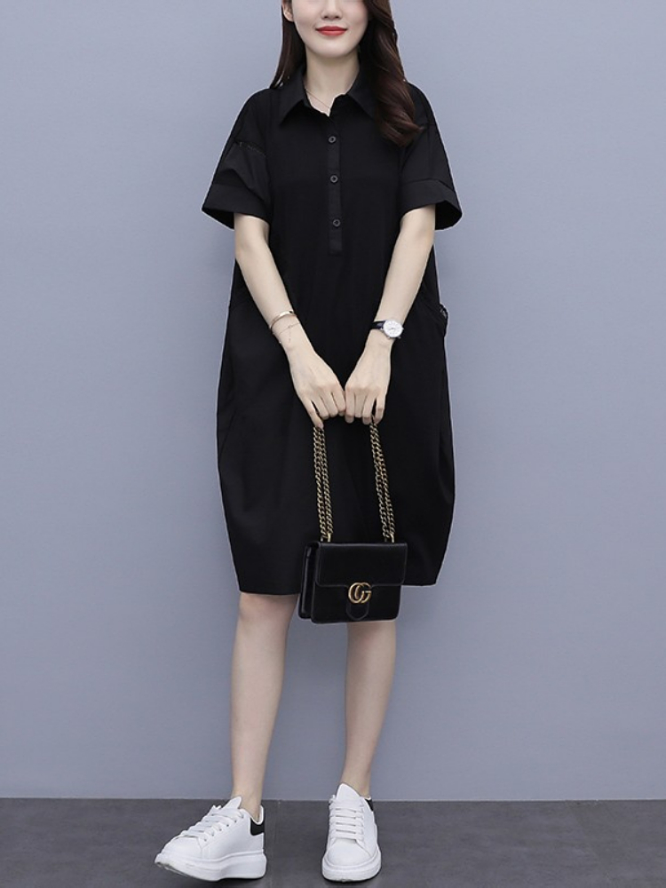 Plus Size Pockets Black Shirt Dress