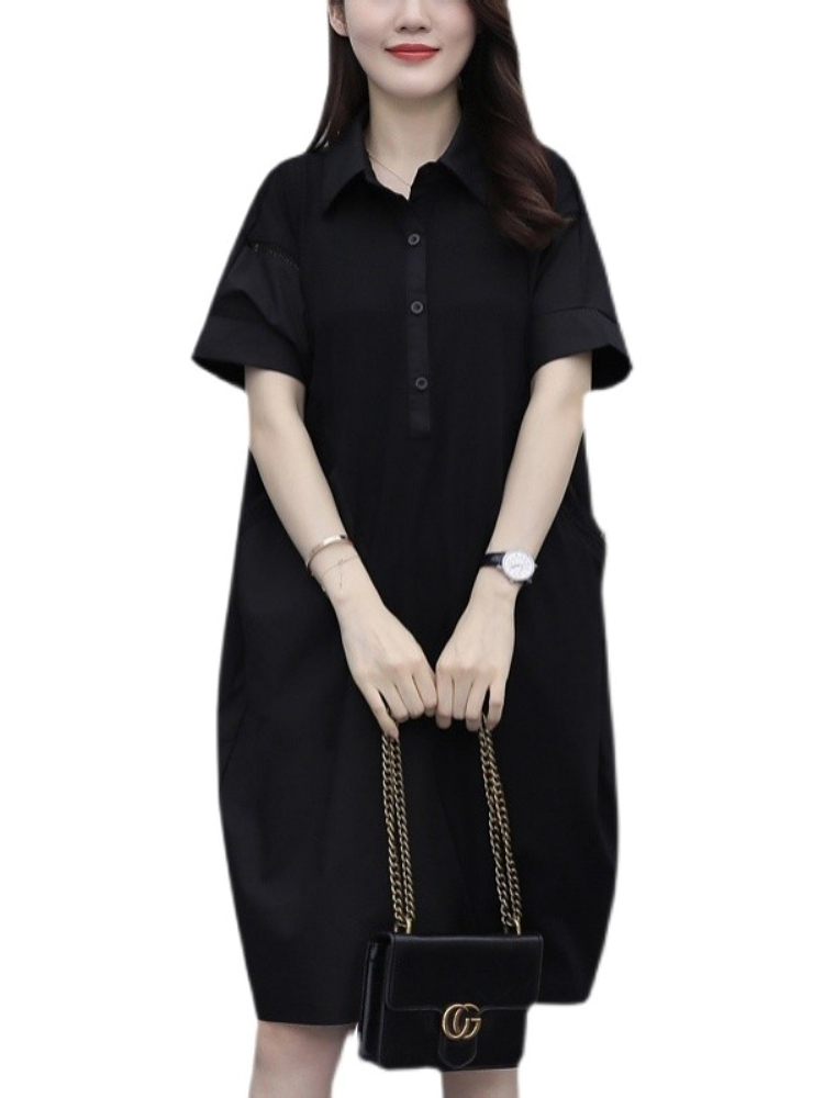 Plus Size Pockets Black Shirt Dress