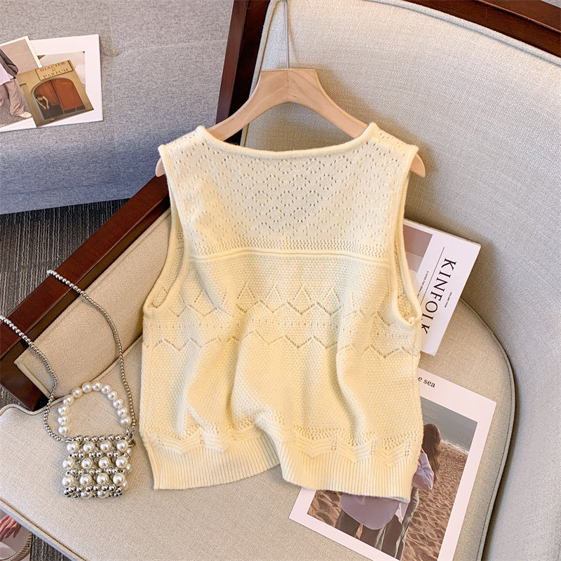 Plus Size Knit Vest and Pussybow Long Sleeve Blouse Set