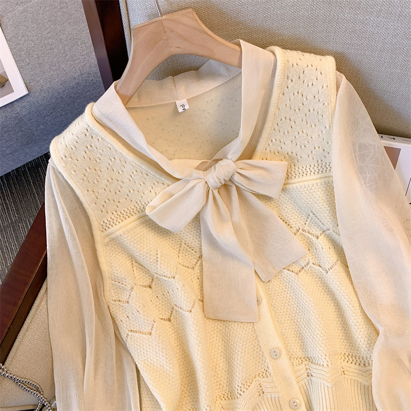 Plus Size Knit Vest and Pussybow Long Sleeve Blouse Set