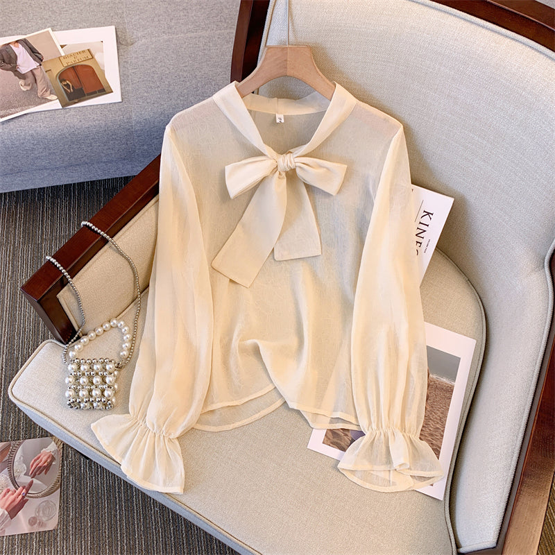 Plus Size Knit Vest and Pussybow Long Sleeve Blouse Set