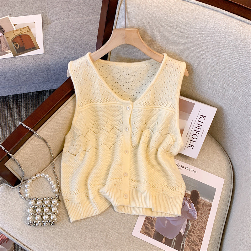 Plus Size Knit Vest and Pussybow Long Sleeve Blouse Set