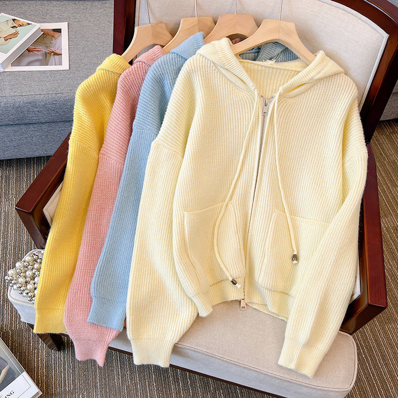 Plus Size Rib Knit Thick Hood Sweater Jacket