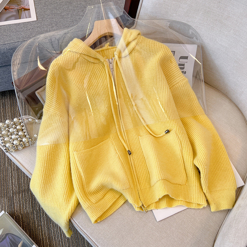 Plus Size Rib Knit Thick Hood Sweater Jacket