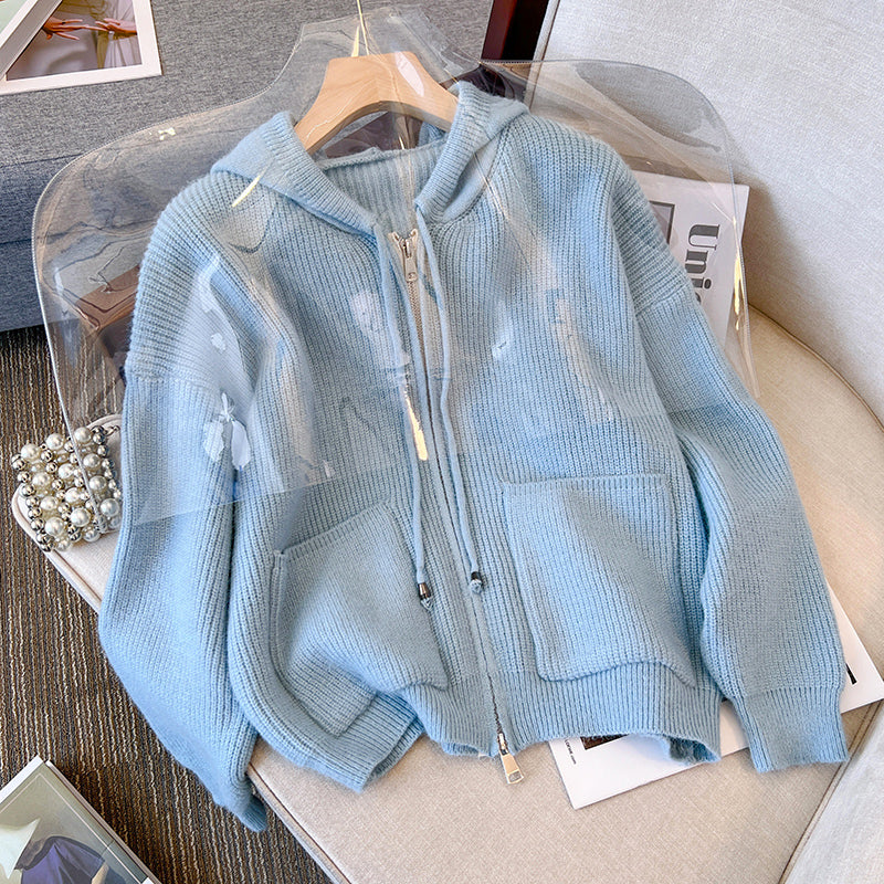Plus Size Rib Knit Thick Hood Sweater Jacket