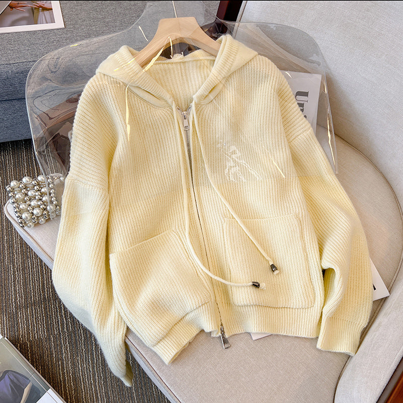 Plus Size Rib Knit Thick Hood Sweater Jacket