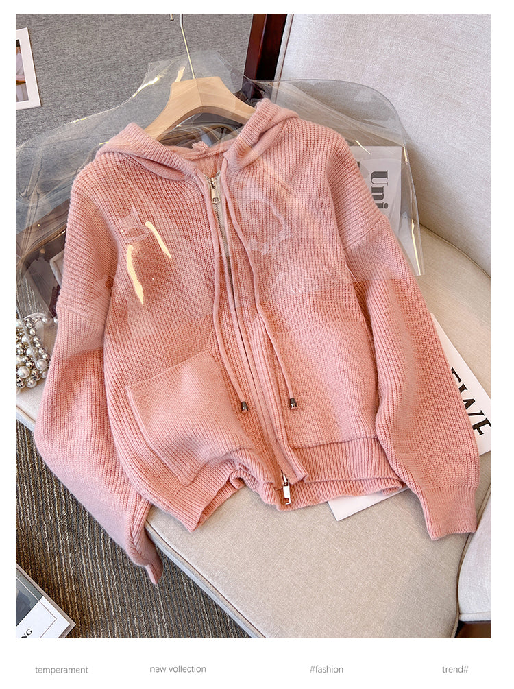 Plus Size Rib Knit Thick Hood Sweater Jacket