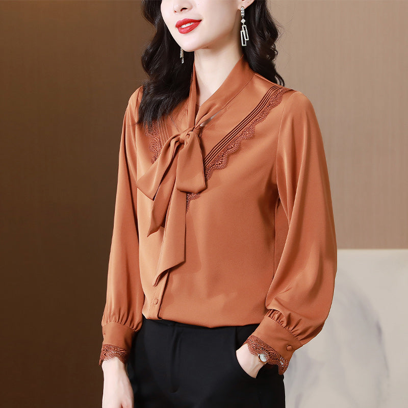 Plus Size Sateen Lace Pussybow Long Sleeve Blouse