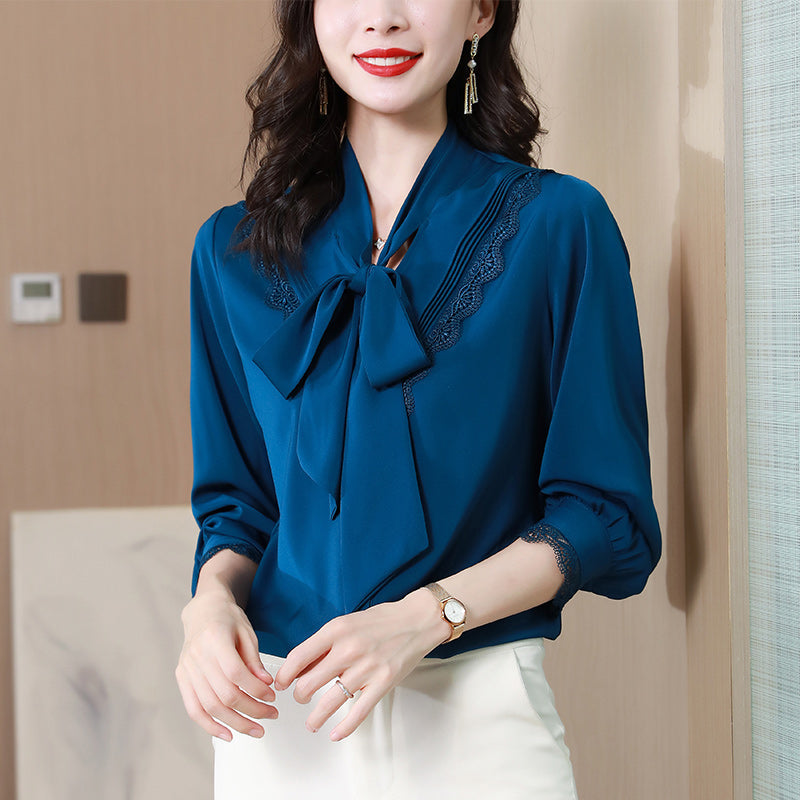 Plus Size Sateen Lace Pussybow Long Sleeve Blouse
