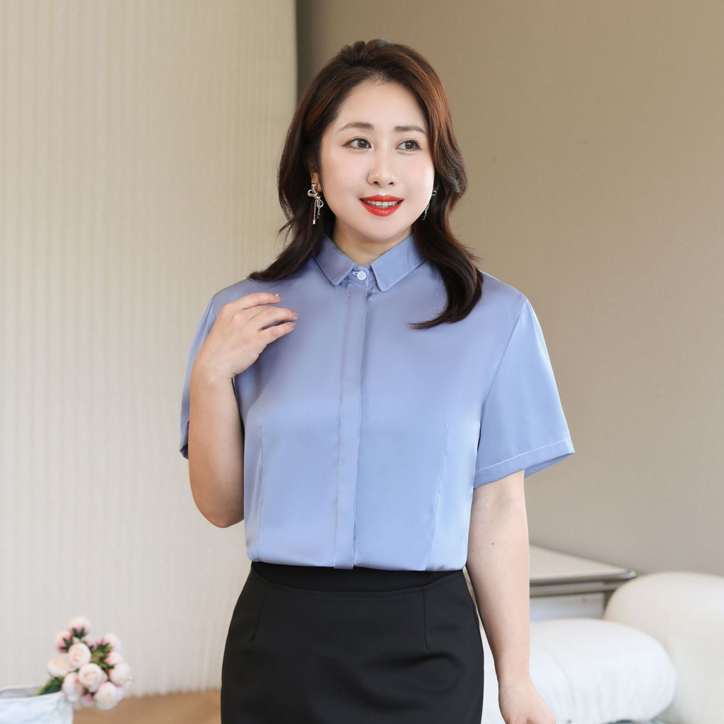 Plus Size Satin Office Short Sleeve Shirt Blouse (Extra Big Size)