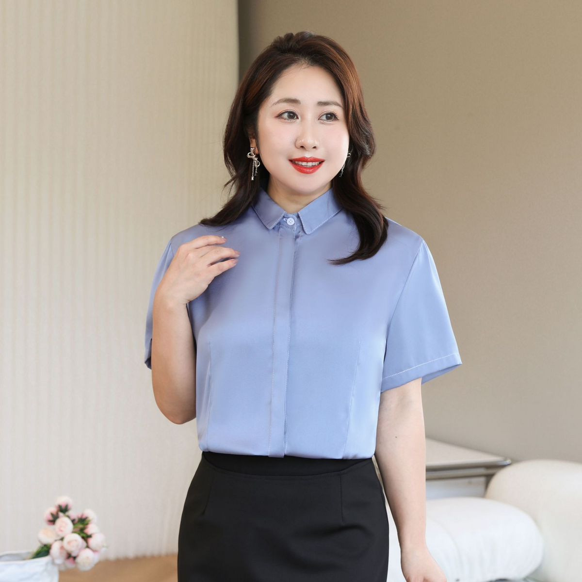 Plus Size Satin Office Short Sleeve Shirt Blouse (Extra Big Size)