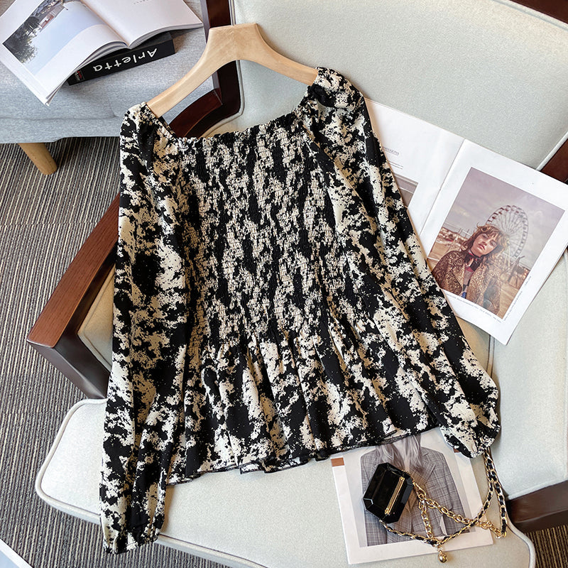Plus Size Korean Print Scrunch Long Sleeve Peplum Top