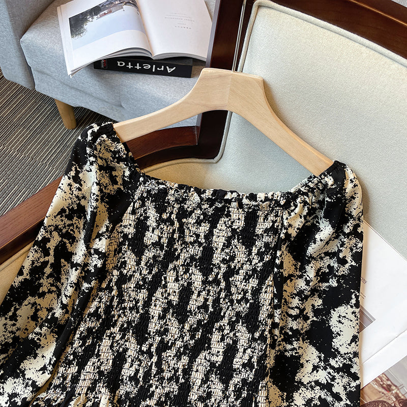 Plus Size Korean Print Scrunch Long Sleeve Peplum Top