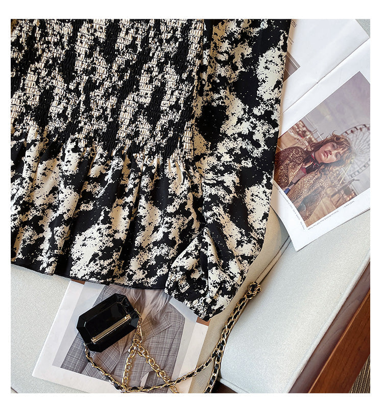 Plus Size Korean Print Scrunch Long Sleeve Peplum Top